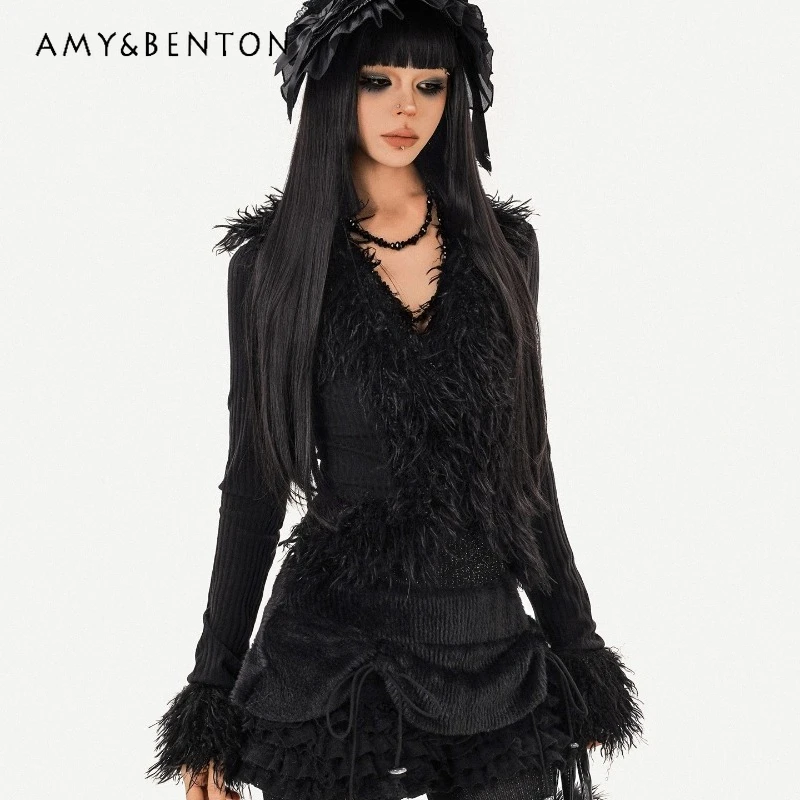 

Autumn Winter New Black Furry V-Neck Tie Knitted Women's Cardigan American Retro Design Slimming Hot Girl Versatile Coat Ladies