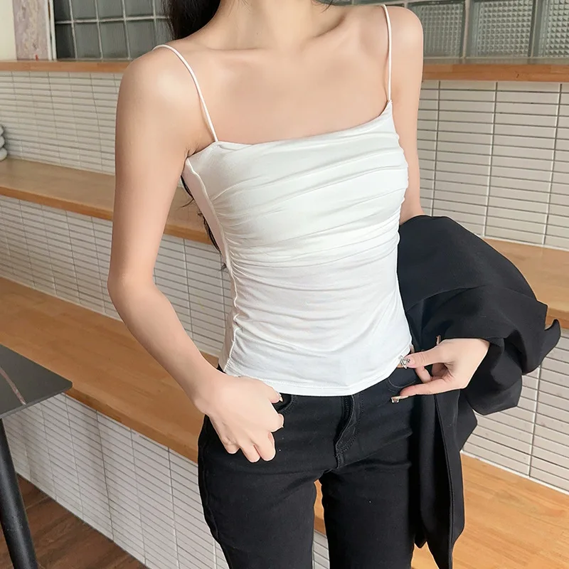 Summer Tank Tops Women Spaghetti Strap pleated Crop Tops With Pad Upper Support Sexy Camis Female Korean Tank Vest Tops