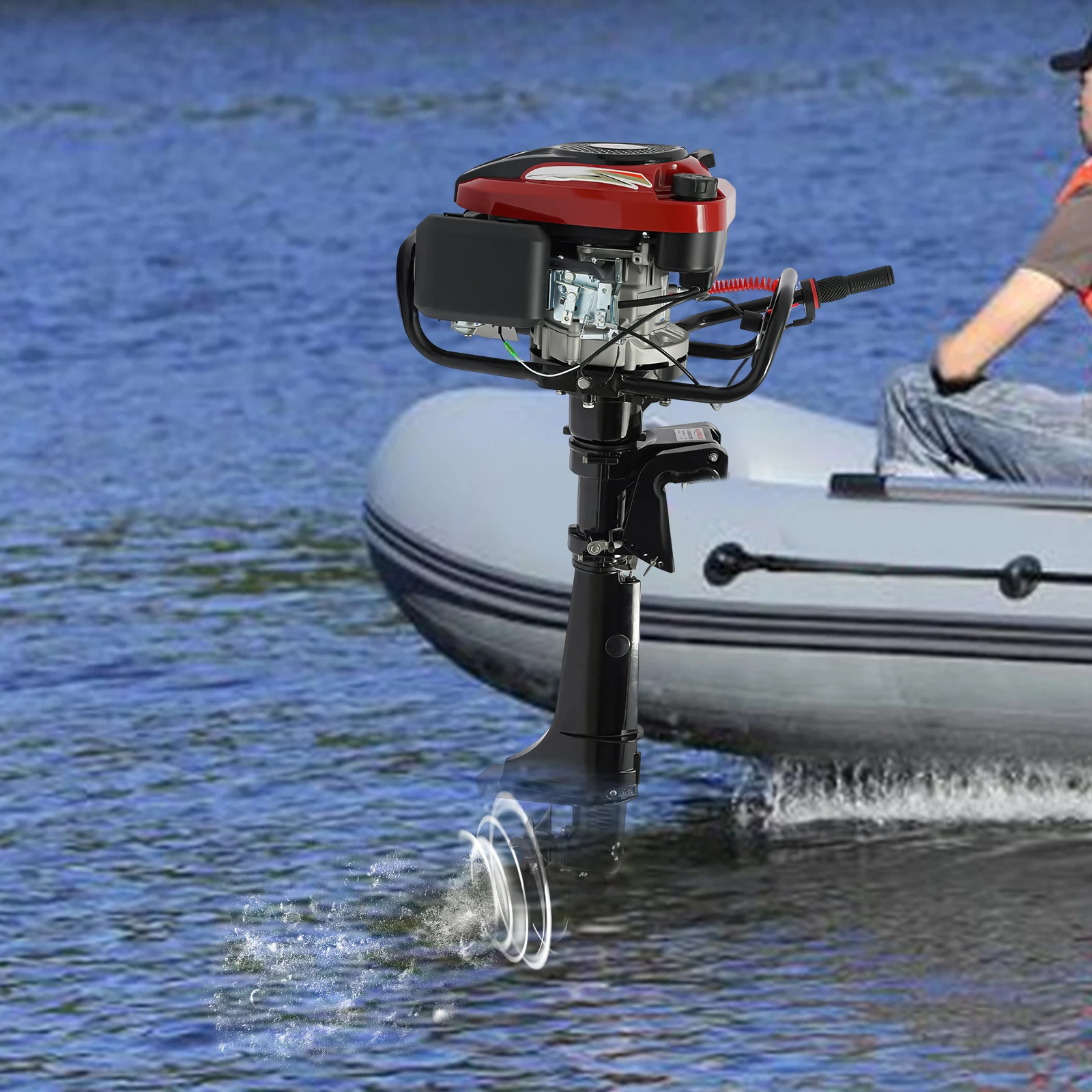 7HP 4-Stroke Outboard Motor Boat Engine Fishing Boat Engine w/ Air Cooling System Long Shaft 196CC 5.1KW 4500-6000r/Min