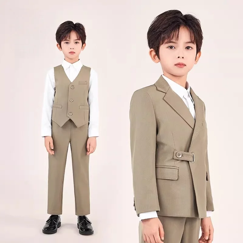 Boys Italian design Side Button Blazer Vest Pants Photography Suit Set Kids Wedding Dress Children Host Performance Costume