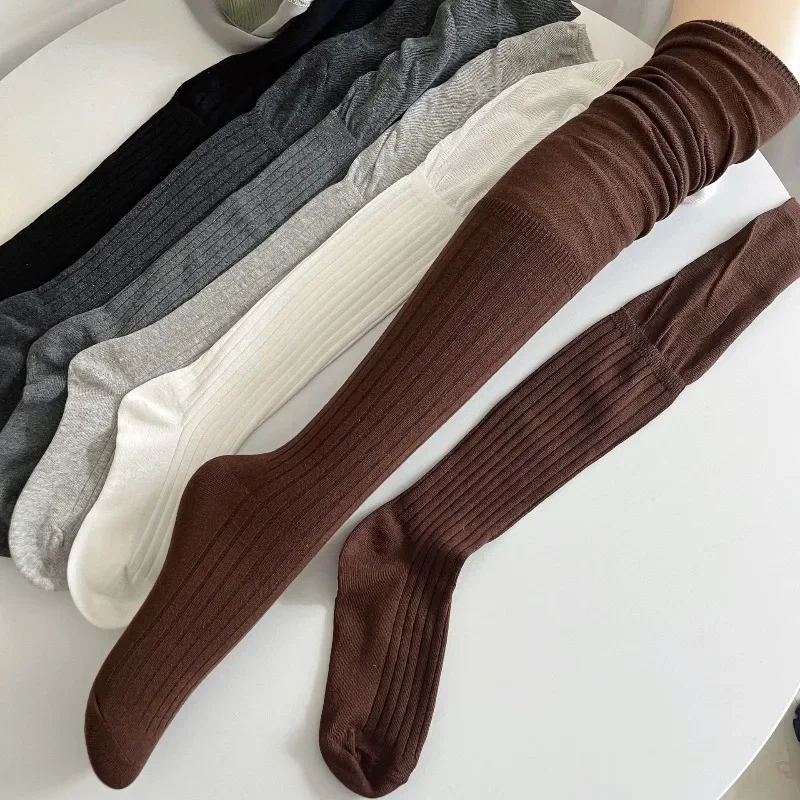 Knee over socks for women in spring and autumn,thin cotton,vertical striped splicing, high tube socks,smoke gray long tube socks