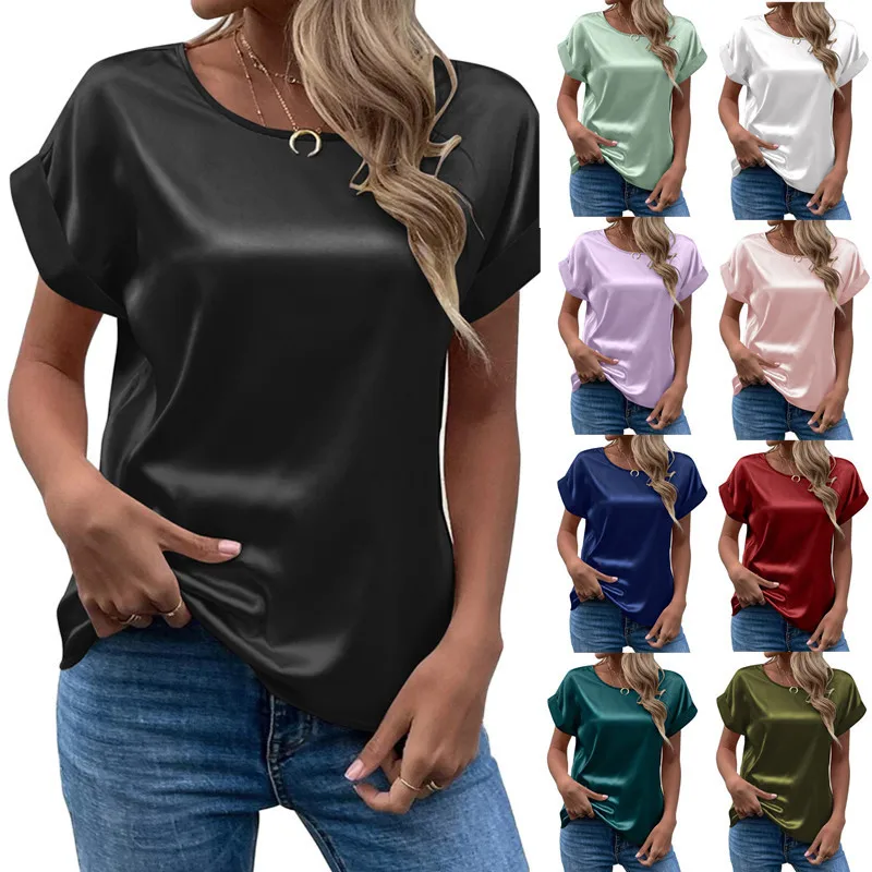 Elegant Women\'s Blouse Solid Tees 2023 Summer Lady Short Sleeve Satin Shirt Loose Casual Round Neck T-shirt Tops S-XXL