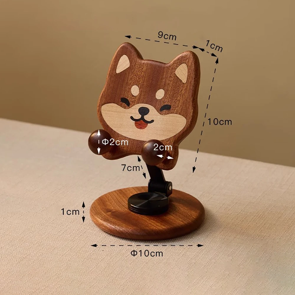 Solid Sapele Wood Phone Holder Foldable Rotation Regulation Desk Original Cute Shiba Inu Dog Stand