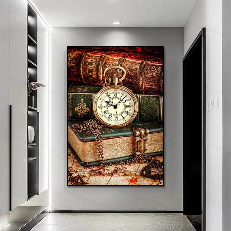 1pc frameless Canvas Painting Classic Retro Clock Posters and Prints, Canvas Paintings Wall Art Pictures for Living Room Home De