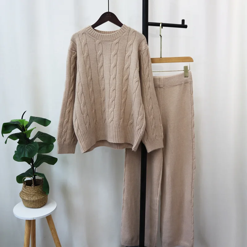 

Pant Set Women Two Piece Sets Matching Sets Full Sleeve Knitted Sweaters Tops Wide Leg Long Pants High Waist Y2k Streetwear