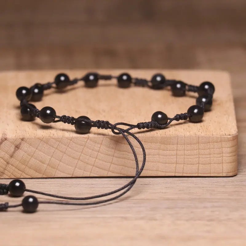 Benutzerdefinierte 4 mm zierliche Fußkettchen Halbedelstein schwarzer Achat Kristall Heilperlen handgewebte modische verstellbare Fußkettchen für Damen Herren