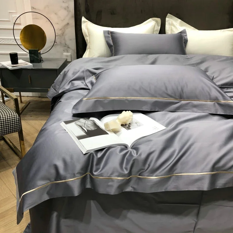 2023 New Long Staple Cotton Embroidered Plain Color Four-piece Bedding Household Must Four Seasons Universal Luxury Bedding Gray