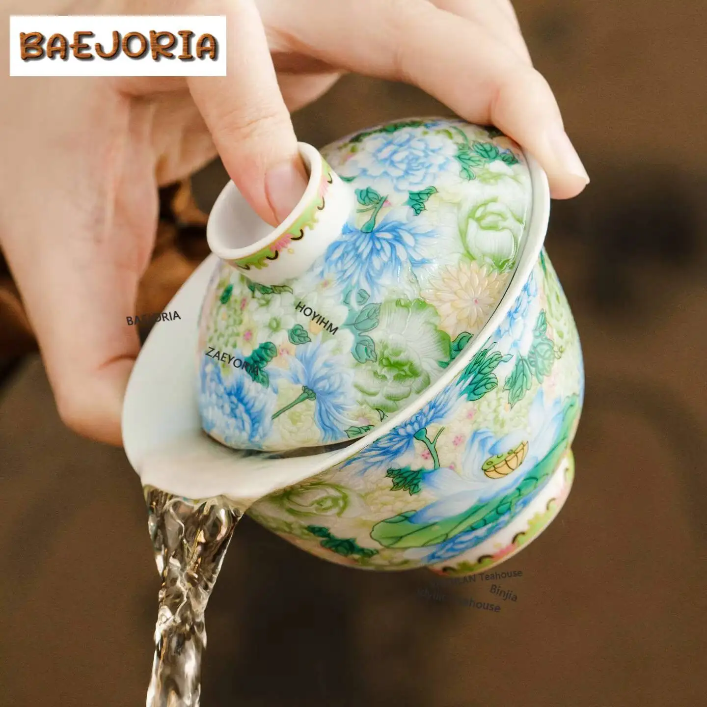 BAEJORIA 150ml Colour Enamels Green Peony Gaiwan Boutique Tea Tureen Tea Bowl With Lid Kit Tea Maker Cover Bowl For Tea Craft