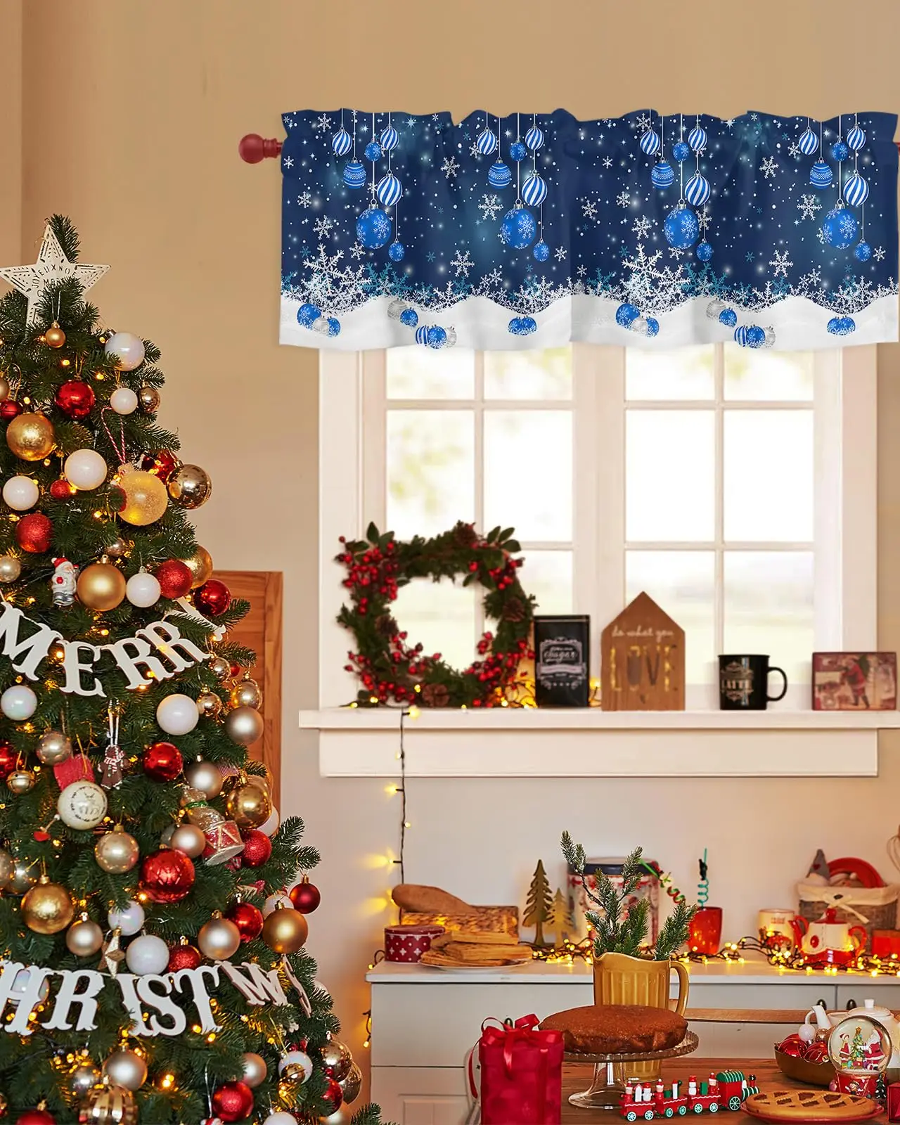 Christmas Valance for Windows,Snowflakes Merry Ornaments Xmas Blue Window Treatments Short Curtains for Kitchen Windows Bedroom