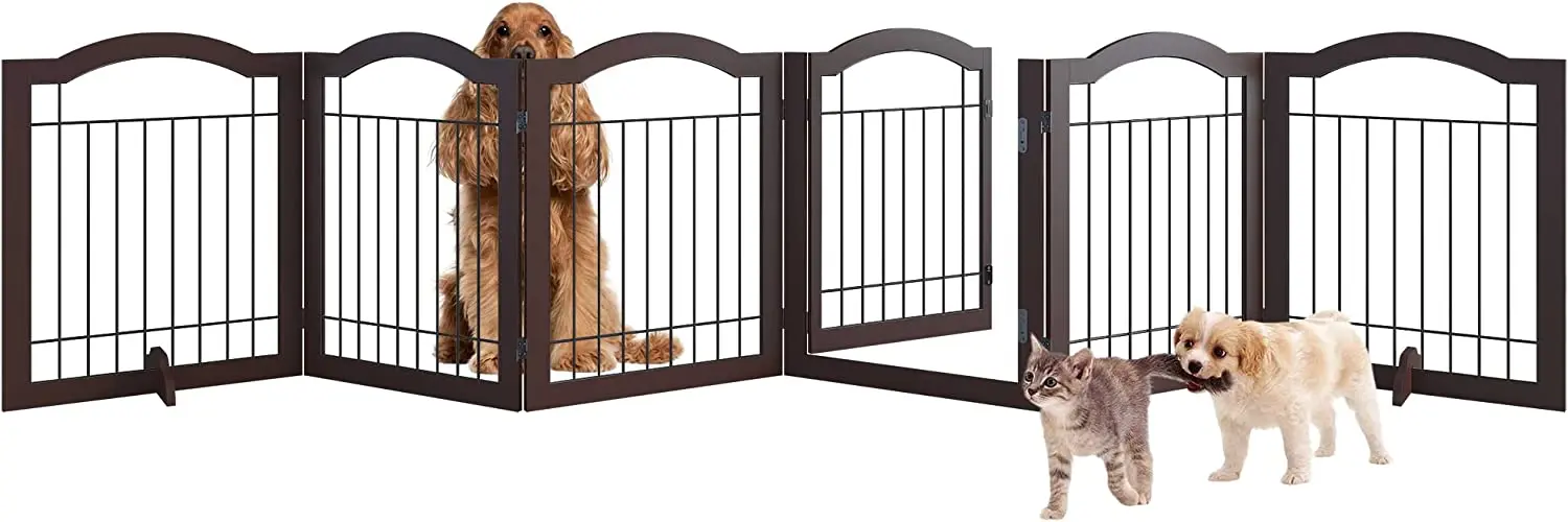 Indoor Pet Puppy Fence Wooden Folding Freestanding Pet Gate With Door Walk Through