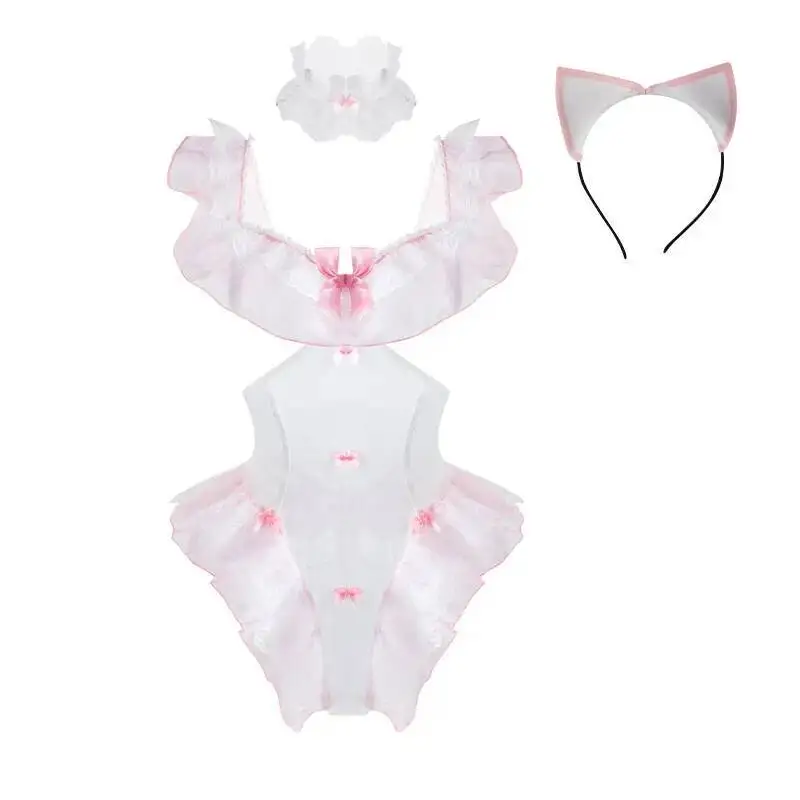 Sexy Bodysuits For Women Hollow-out Pure Desire Pink Cat Girl Uniform Transparent Lace Trimmed Crotchless Bodysuits Playful 02WI
