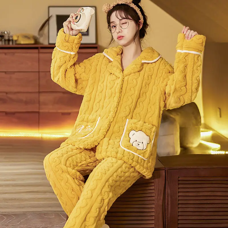 Winter Warm Flannel Women Pyjamas Sets Contrasting Colors Print Thick Loose Single Breasted Comfortable Soft Home Wear Clothes