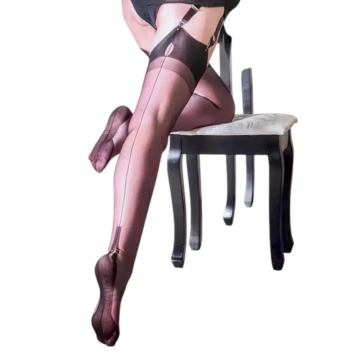 Vintage RHT Style Sheer Stockings With Eyelet, Back Seam and Reinforced Pyramid Heel, Cuban Heels