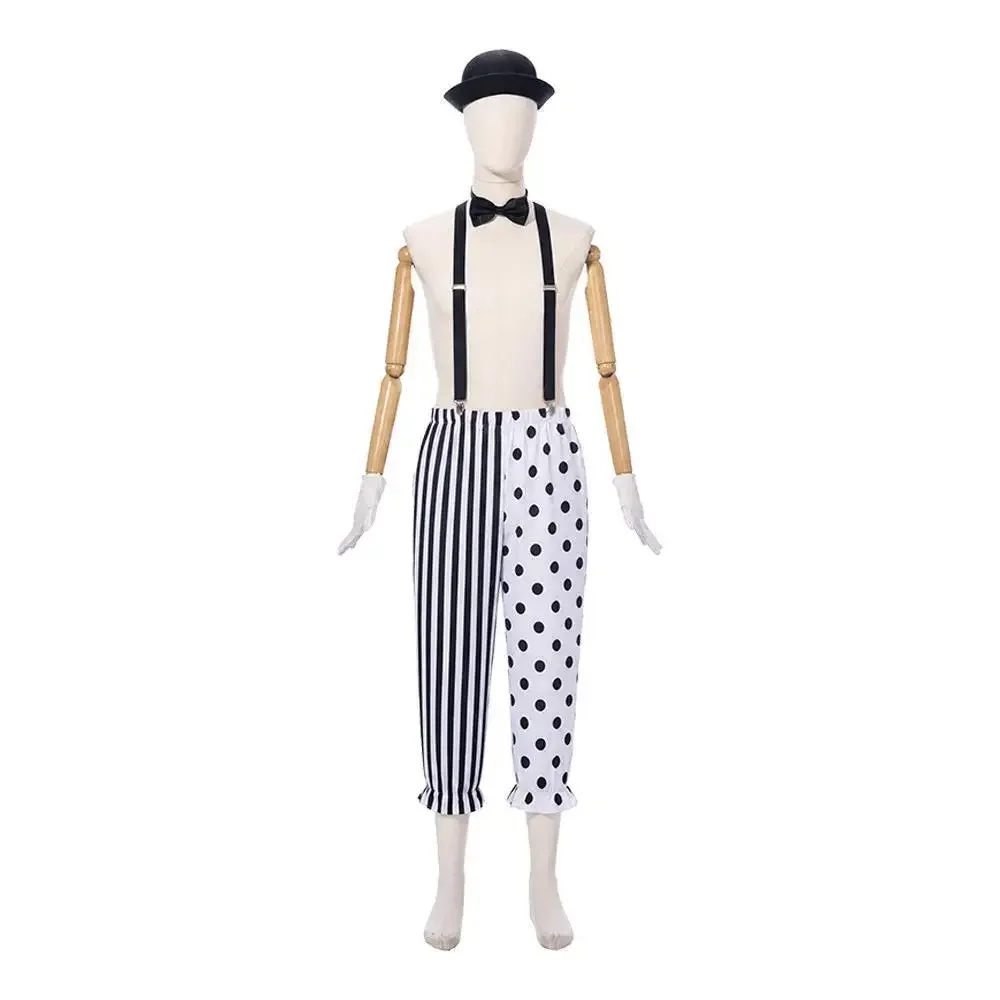 Ensemble de combinaisons de clown noir et blanc pour couple, style mime et cirque, à pois et rayées, pour spectacle de scène d'Halloween, avec chapeau