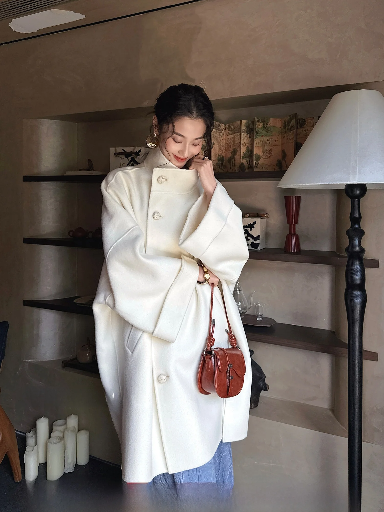 

Sanji Bla Flower Woolen Double-Faced Camere Coat Stand Collar Winter Faion Outerwear Korean Sle Straight Tube Model