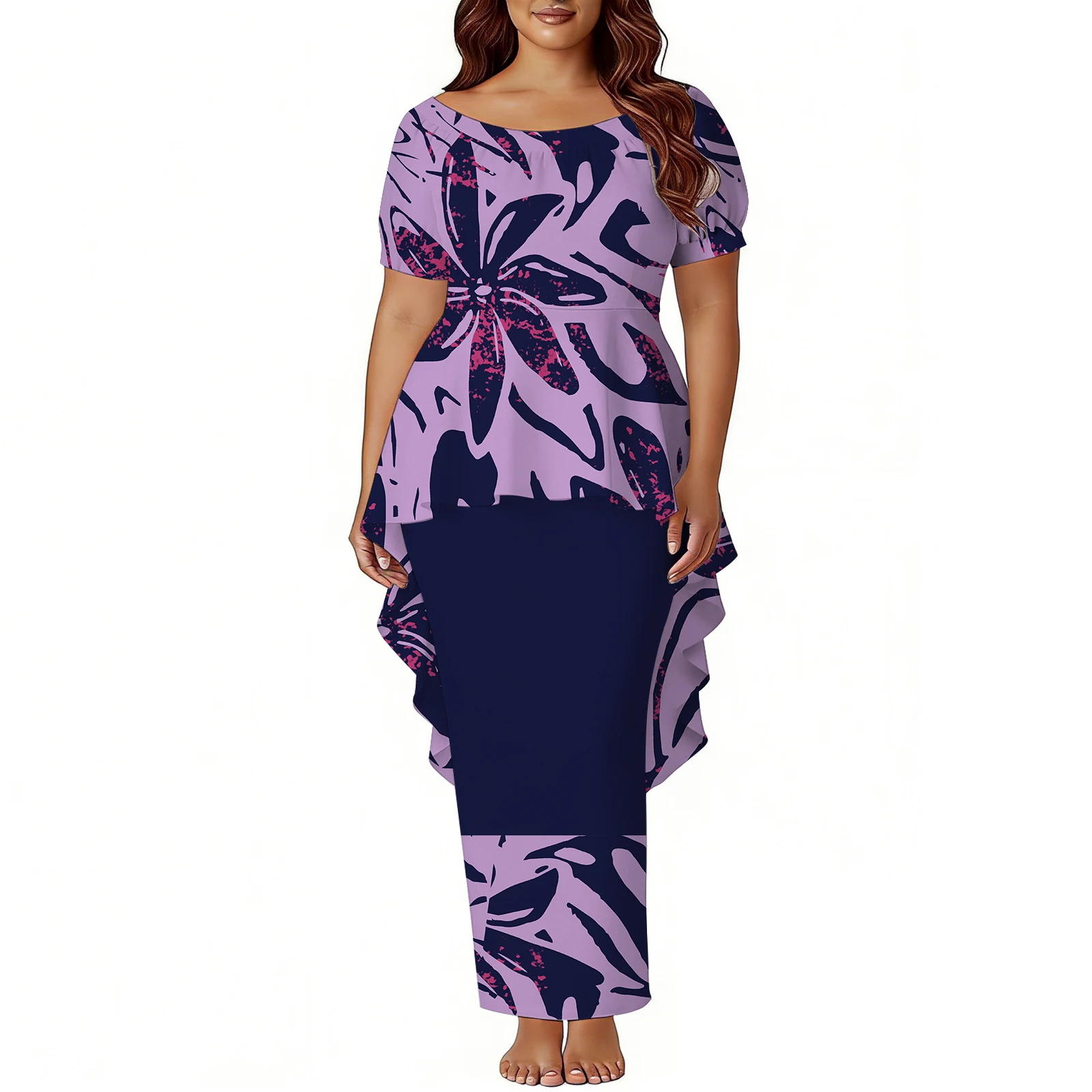 

Самоанский цветочный дизайн гибискуса на заказ, женское пулетизи-полинезийское платье, комплект из 2 предметов, нерегулярный топ и юбка с разрезом, островный принт