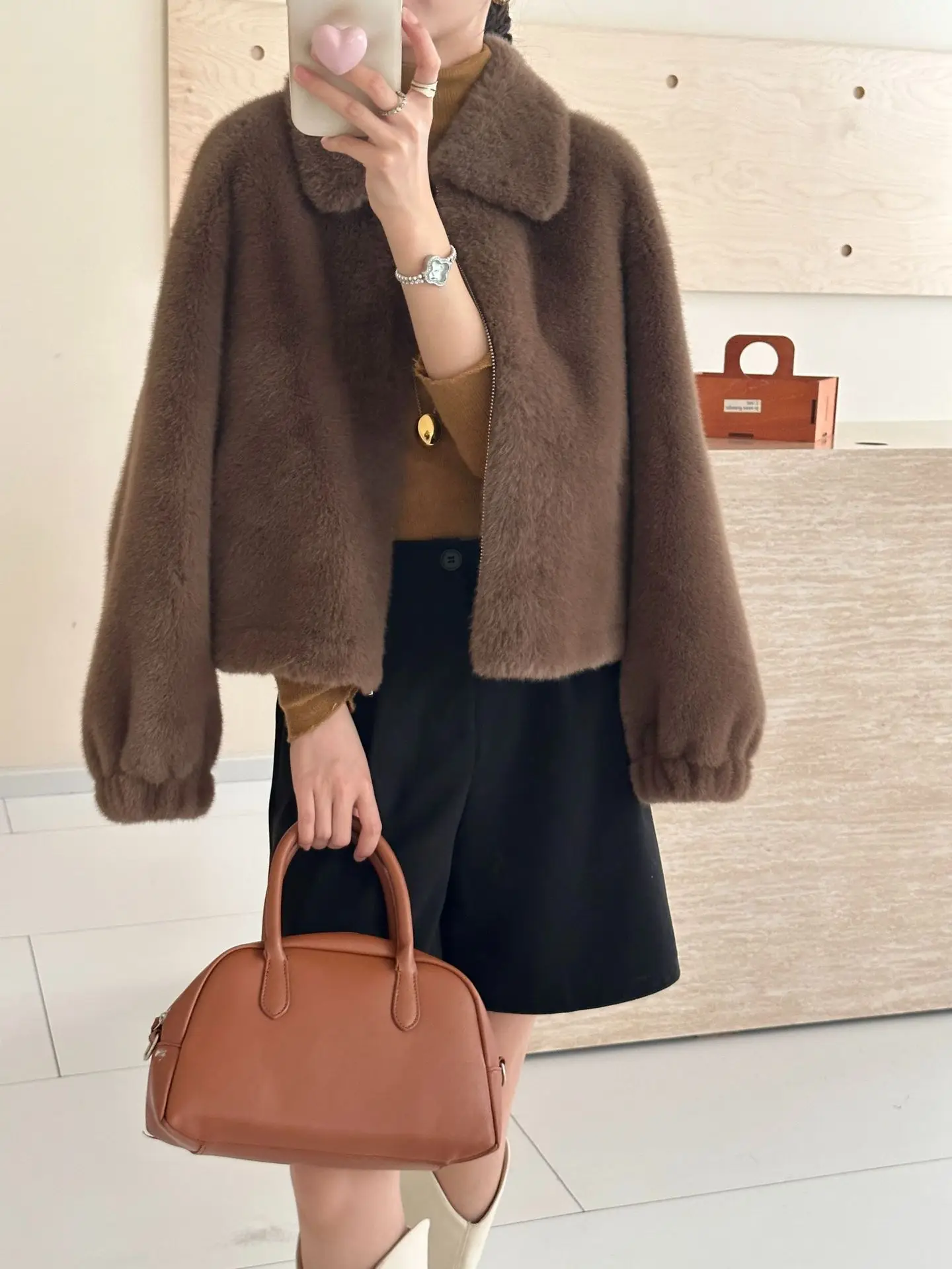 เลียนแบบ Mink ผม lapel สีทึบซิป Noble Coat Sherran Mink เสื้อฤดูใบไม้ร่วงและฤดูหนาวที่อบอุ่น