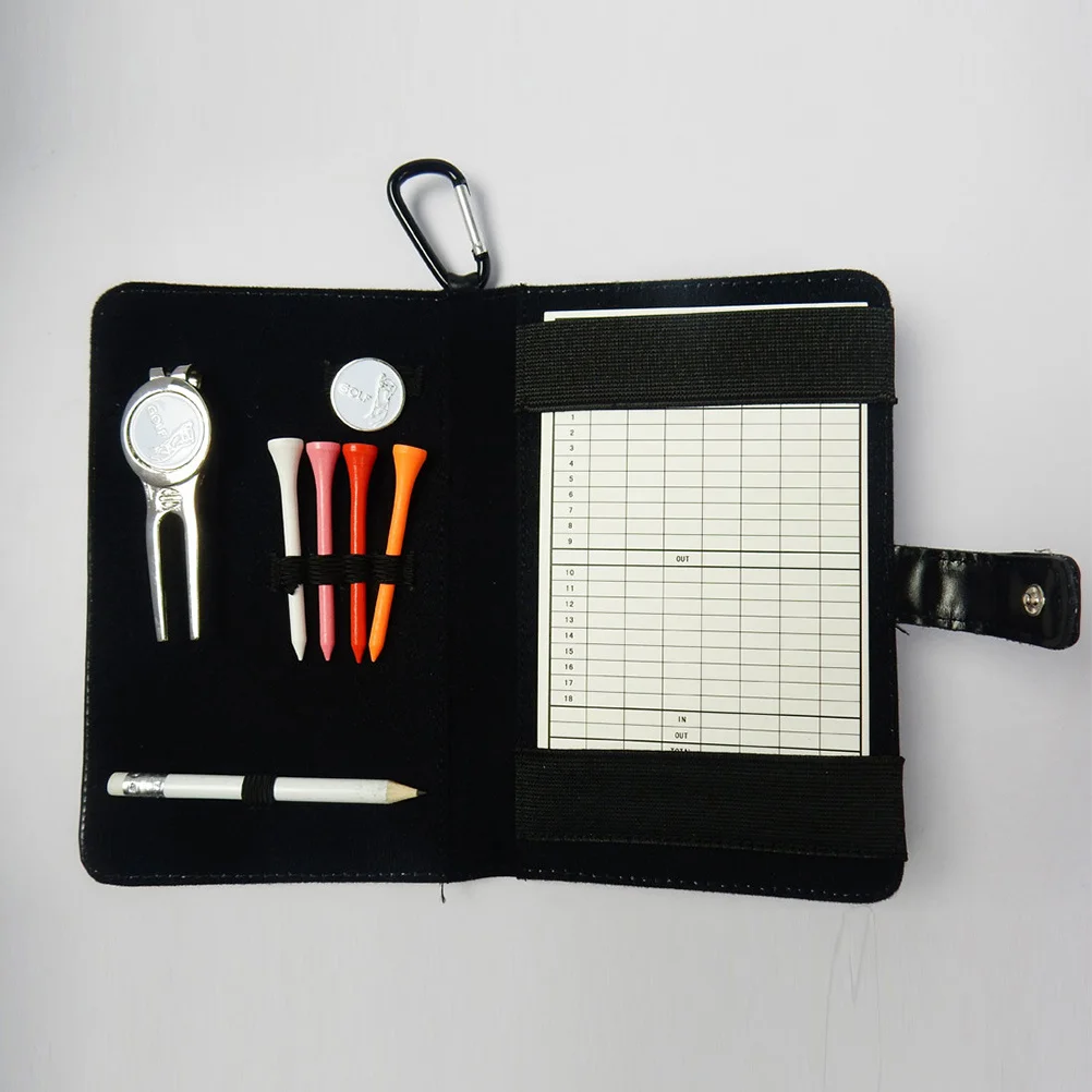 Golf Score Book Holder Real Case with Carabiner Includes Tools Set for Convenient Play and Gift Use Black