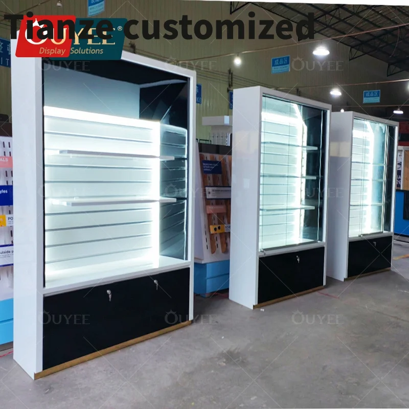 

Customized-Factory Custom Metal Wood Shop Store Display Rack Smoke Shop Shelves Cabinets Sale