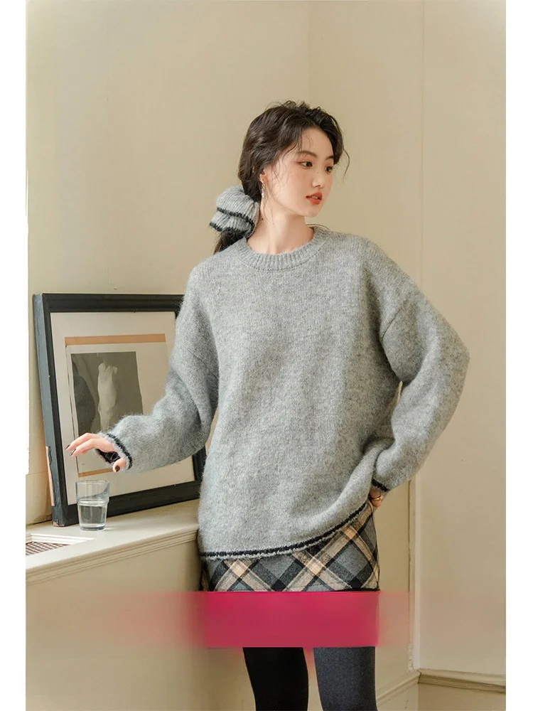 

Retro round Ne Pullover Knitted Sweater Women's Autumn Winter Inner And Outer Wear Thiened Long Sve Loose Fit Sle