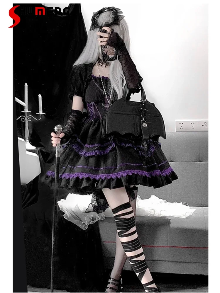 

Lolita Halloween Gothic Style Lace Patchwork Ruffled Sleeveless Backless High Waist Slim Layered JSK Sling Dress Women Summer