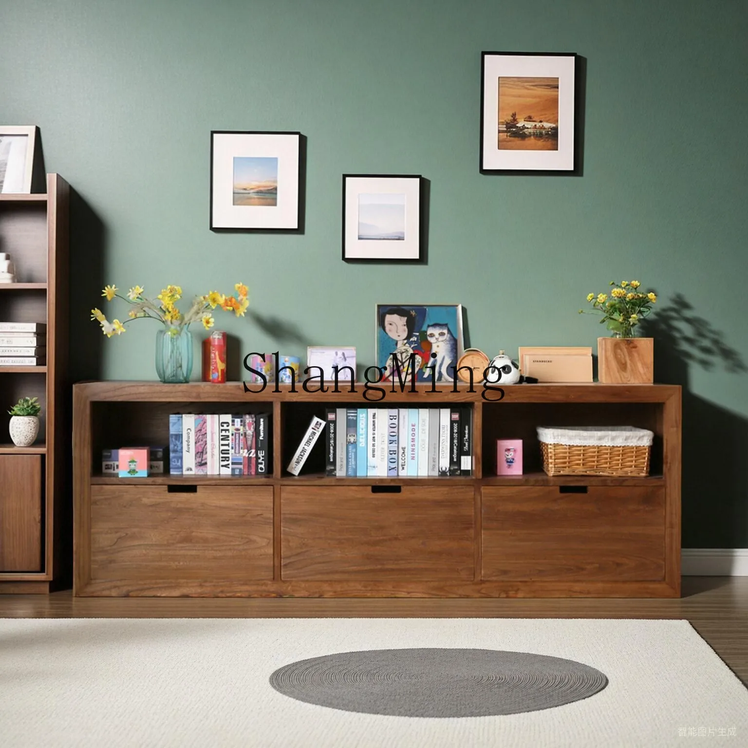 

CL low bookcase TV cabinet All solid wood low bookshelf Floor to ceiling low shelf Simple lattice storage bay window cabinet