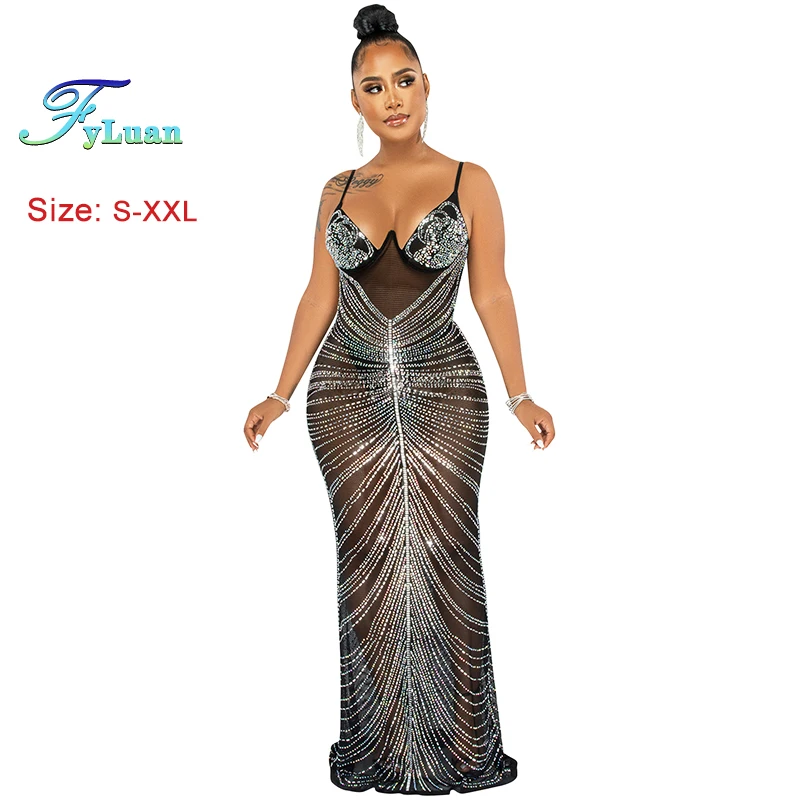 Women Summer Sheer Mesh Crystal Party Dress Celebrities Outifts Sexy SparkleRhinestones Maxi Dress Celebrities Outifts Gown