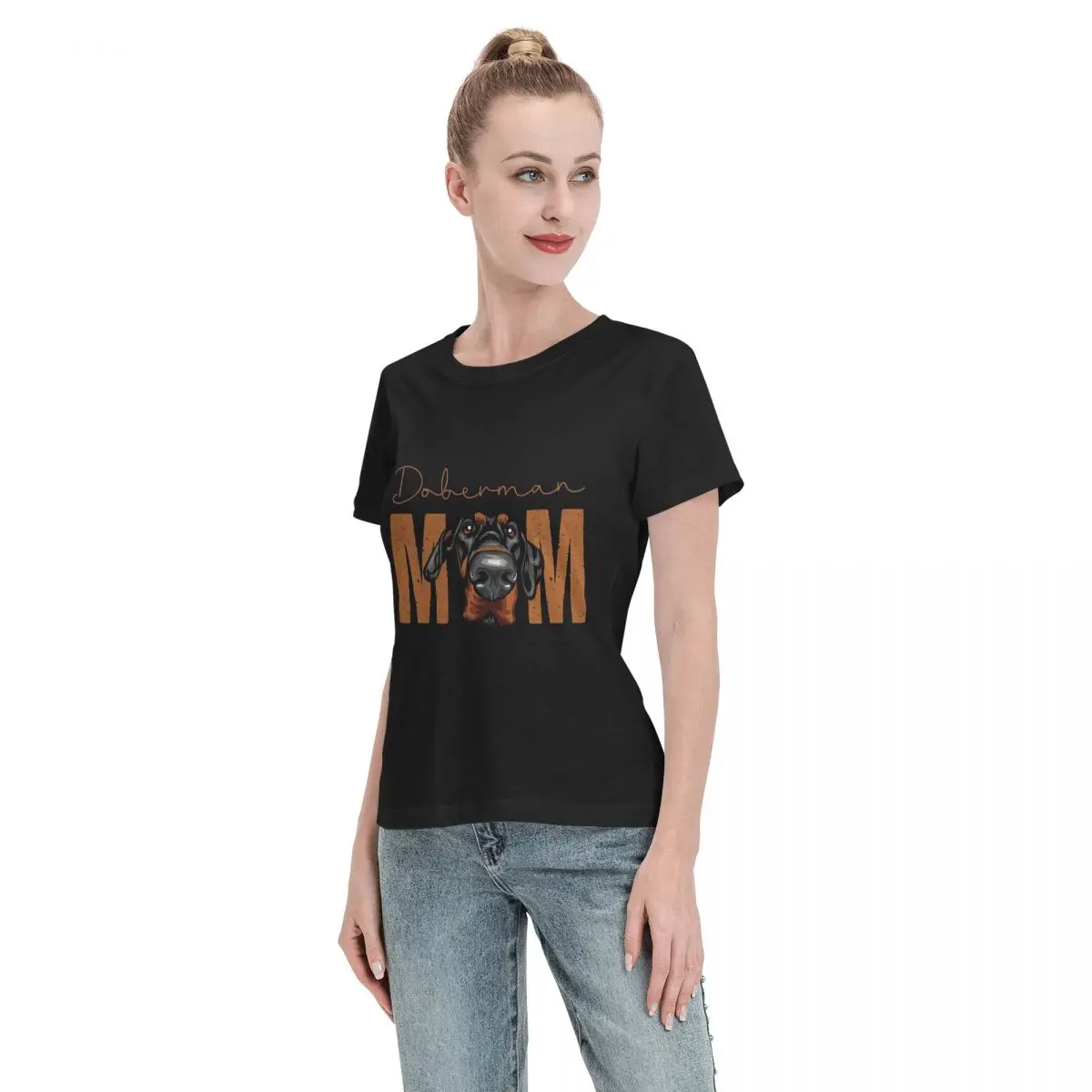 Koszulka damska z krótkim rękawem z nadrukiem psa rasy doberman, okrągły dekolt, bawełniana koszulka letnia w stylu streetwear