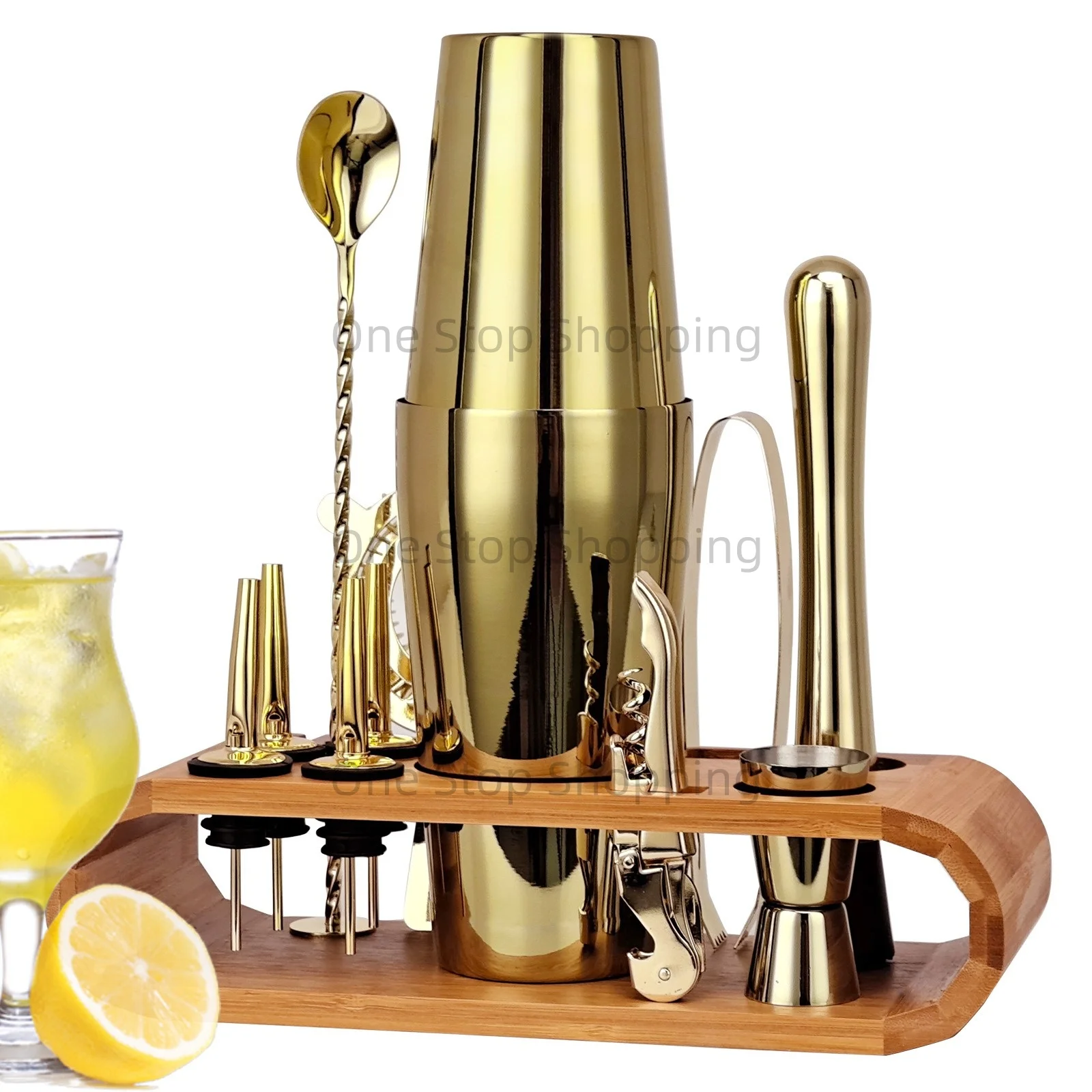 12PCS Cocktail Shaker Set Barkeeper Kit Bar Set Bambus Ständer Matini Shaker Rührlöffel Muddler Jigger Cocksrew für Barware Set – Detail 13