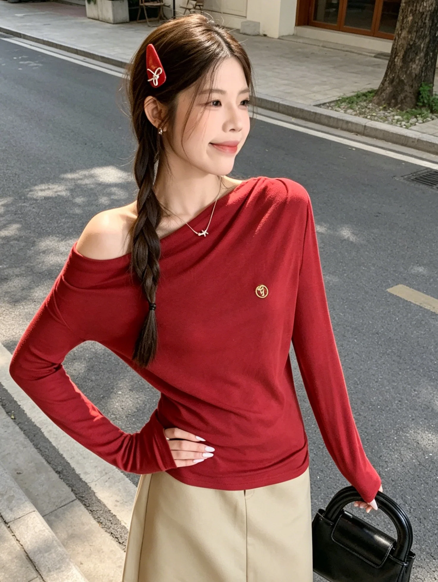 Red Embroidered Off-Shoulder Long Sleeve T-Shirt Women's Style Korean Slim Fit Pure Color Inner Wear Top for Early Autumn