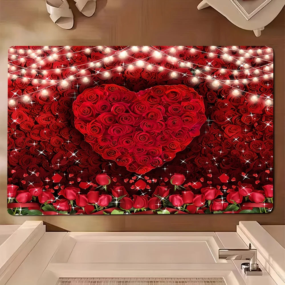 Red rose heart-shaped pattern Flannel-printed floor mats has a non-slip function is suitable entrances bathroom welcome carpets