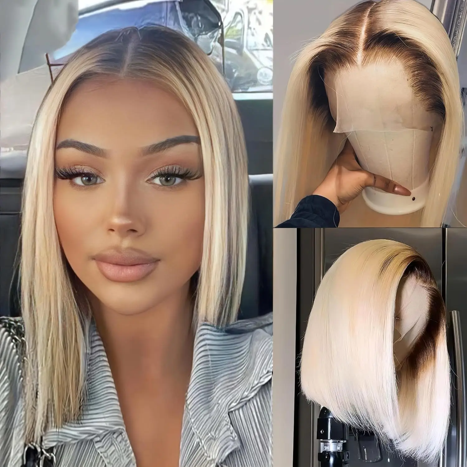 

Роскошный парик из натуральных волос Ombre Blonde Bob с темными корнями 4/613, бразильские парики из натуральных волос Remy, двойной рисунок, предварительно выщипанный короткий боб