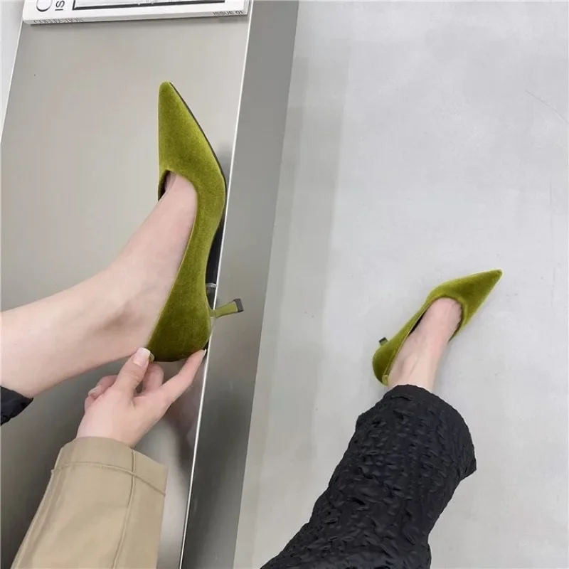 2024 Fashion Heels Shoes Women Low Heel Pointed Toe Pumps Velvet Shoes Slip-on Cozy Heeled Shoes High Heels Women Zapatos Mujer