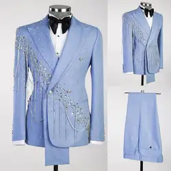 Modern Men Wedding Suits Peaked Lapel Single Breasted Tuxedos Crystal Chain Groom Party 2 Pcs Blazer Pants Customized Suit