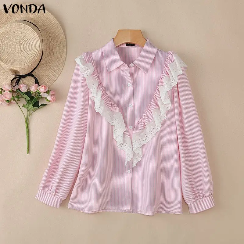 

VONDA Women Long Sleeve Shirts Fashion Lapel Lace Patchwork Blouse Striped Tops Tunic Spring Autumn Ruffled OL Blusas Femininas