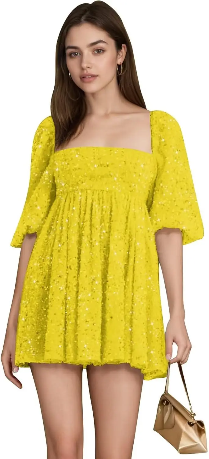 Short Sleeves Homecoming Dresses for Teens Sparkly Sequin Square Neck Short Prom Dress for Women 2026 Graduation Party Dresses