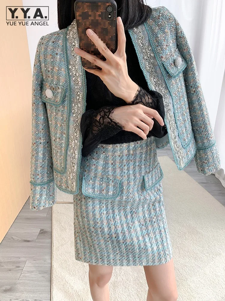 Fashion Women Diamonds Beading Tweed Jacket A Line Mini Skirt Two Piece Set Office Ladies Slim Fit Autumn Twill Outfits Suit Set