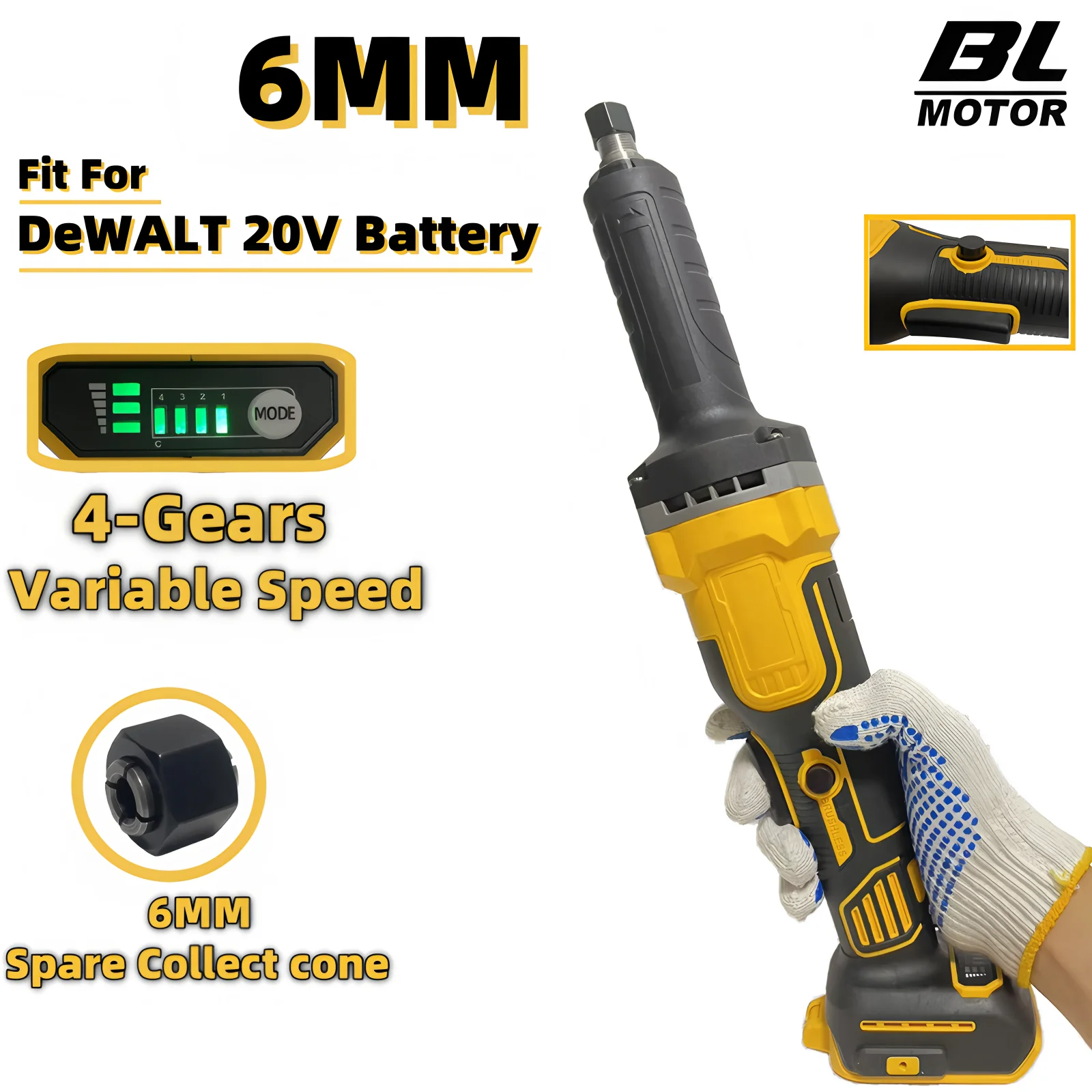 

4-Speed Brushless Cordless 6mm Angle Grinder Die Grinder Polishing Rotary Electric Engraving Tool Fit For DeWALT 20V Battery