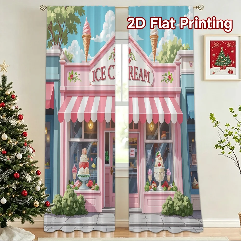 2D flat 2pcs Curtain Modern Minimalist Style Pastel Ice Cream Shop Digitally printed polyester, colorfast Holiday Decorations