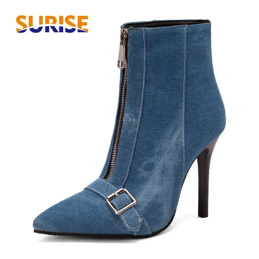 

Fashion Women Ankle Boots Blue Denim Pink Snakeskin High Thin Heels Party Dress Lady Pointed Toe Buckle Metal Zipper Short Boots