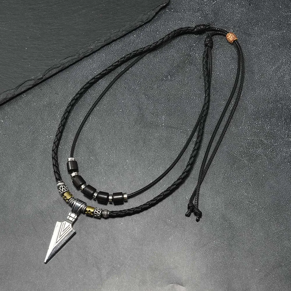 Men's Viking Arrowhead Necklace Vintage Ethnic Tribal Braided Leather Necklace Arrow Pendant Layered Neck Jewelry Accessory Boho