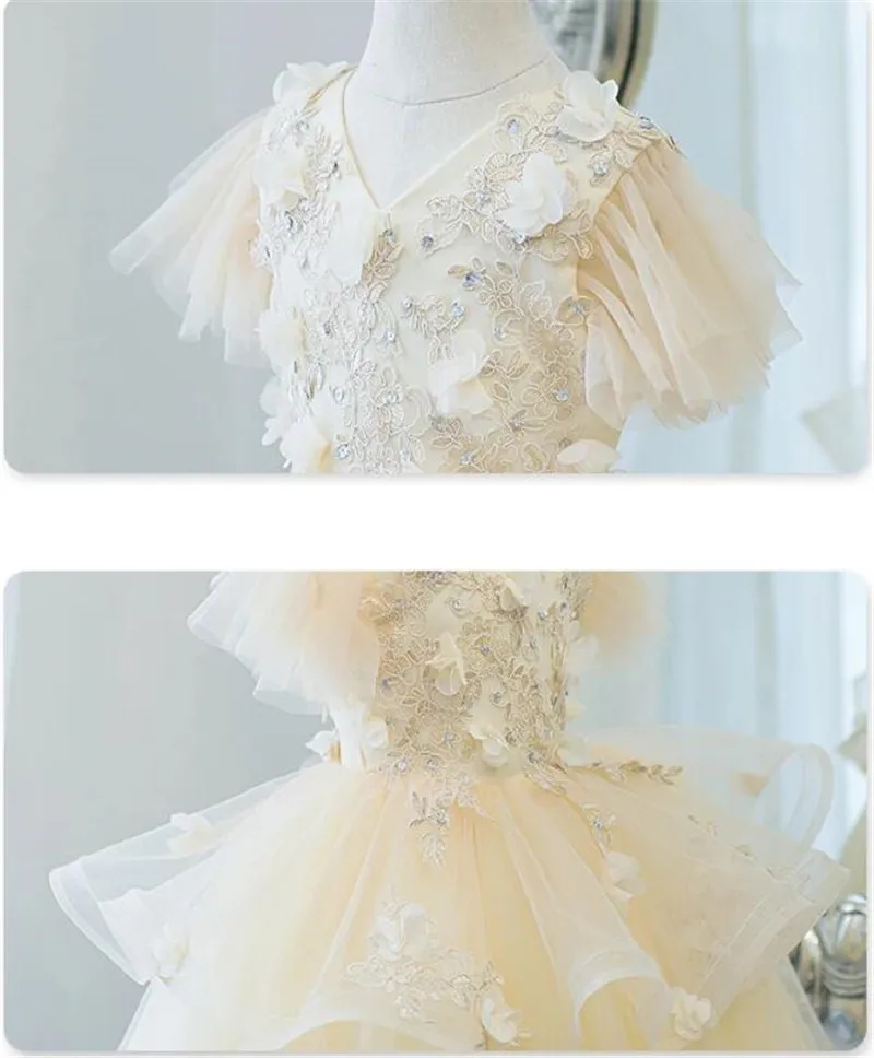 High Quality Beige Flower Girl Dress Applique Tulle Christmas Party Gown Special Ceremony Vestido Birthday Dress