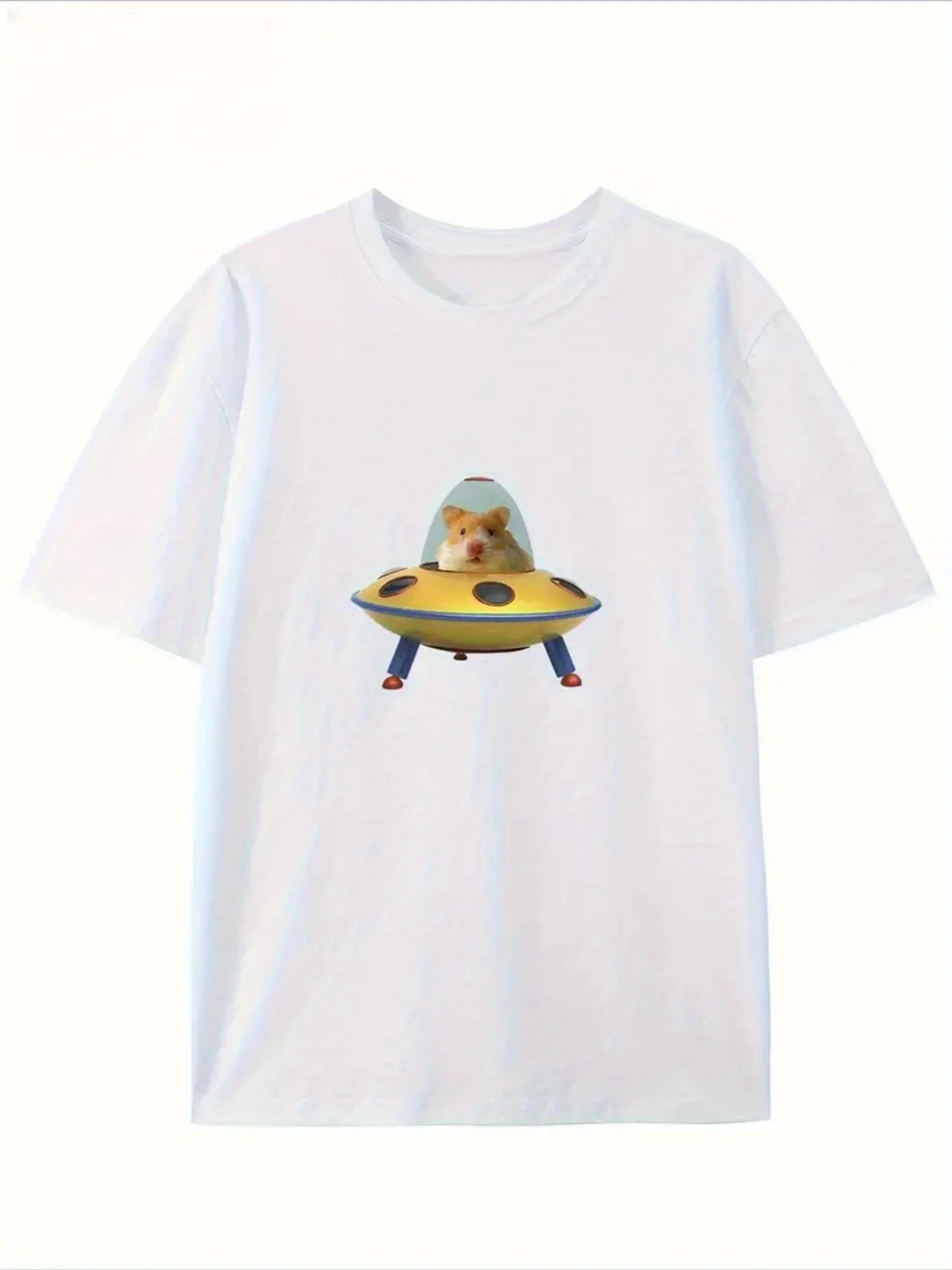 Cute Hamster Pilot UFO Graphic T-Shirt Women Space Adventure Print Tee Harajuku Short Sleeve Casual Fashion Streetwear Top