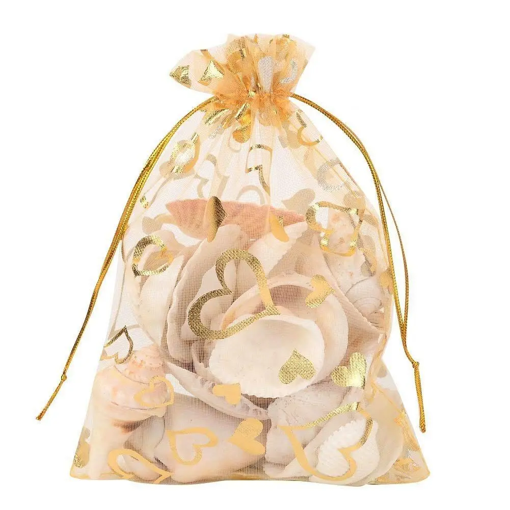 100Pcs 9x12cm Sheer Drawstring Heart Organza Jewelry Pouches Wedding Party Christmas Favor Gift Bags (Gold)