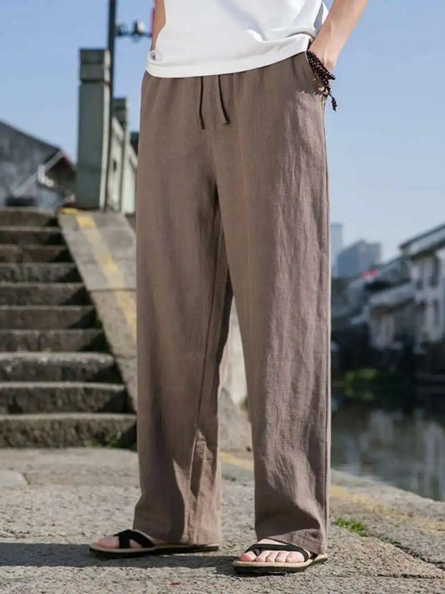 กางเกงขายาวลำลองผ้าฝ้ายลินินทรงตรงสำหรับผู้ชายฤดูใบไม้ผลิและฤดูร้อน สไตล์ลำลองแบบดั้งเดิมสำหรับวัยกลางคนและผู้สูงอายุ