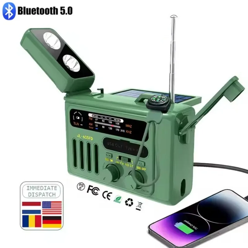 

Outdoor Portable Combat Readiness Emergency Hand Crank Power Generation Radio with Flashlight SOS Solar Radios Bluetooth Speaker