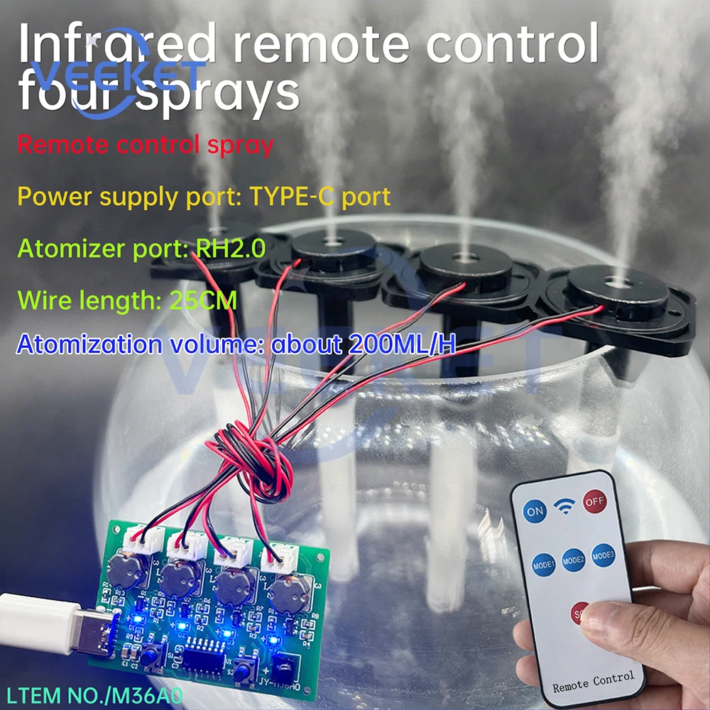 DC 5V RF Infrared Remote Control Four-Jet Humidifier Module Atomization Control Board DIY Ultrasonic Atomizer Type C