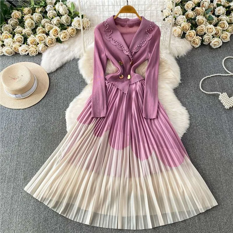 Miyake Pleated Dresses 2026 Autumn New Turn-down Collar Long Sleeve Gradient Color Fashion Elegant Women's Stretch Long Dress