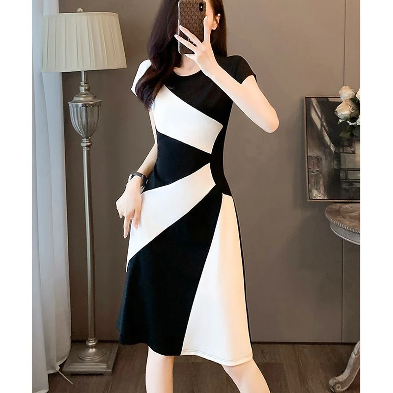 2024 Summer New Elegant Fashion Patchwork Midi Vestido Women Temperament Short Sleeve A-line Robe Ladies Casual Waist Slim Dress