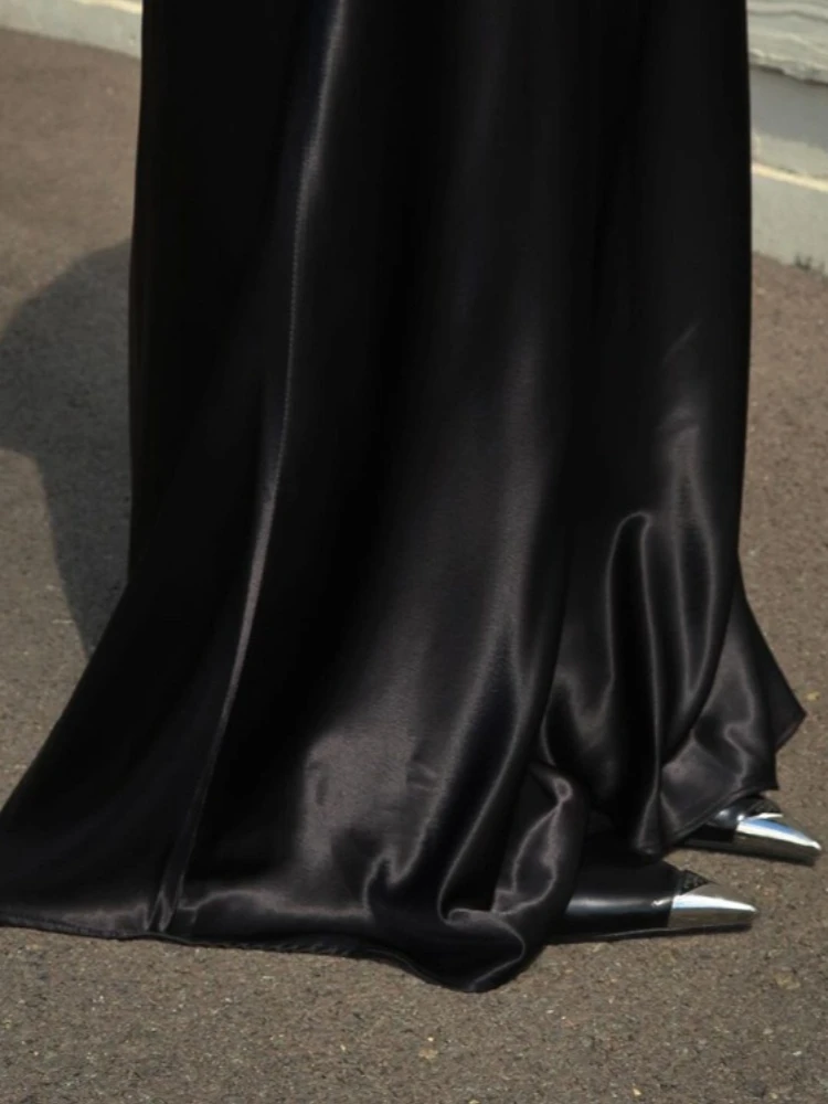 Tossy Black Satin Elegant Long Skirt For Women Solid High Waist Patchwork Slim Commute Straight Bodycon Skirt Women's Maxi Skirt